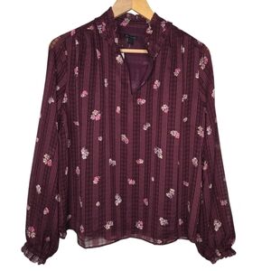 Ann Taylor Womens Burgundy Floral Ruffle Neck Shirred Chiffon Blouse Size Small
